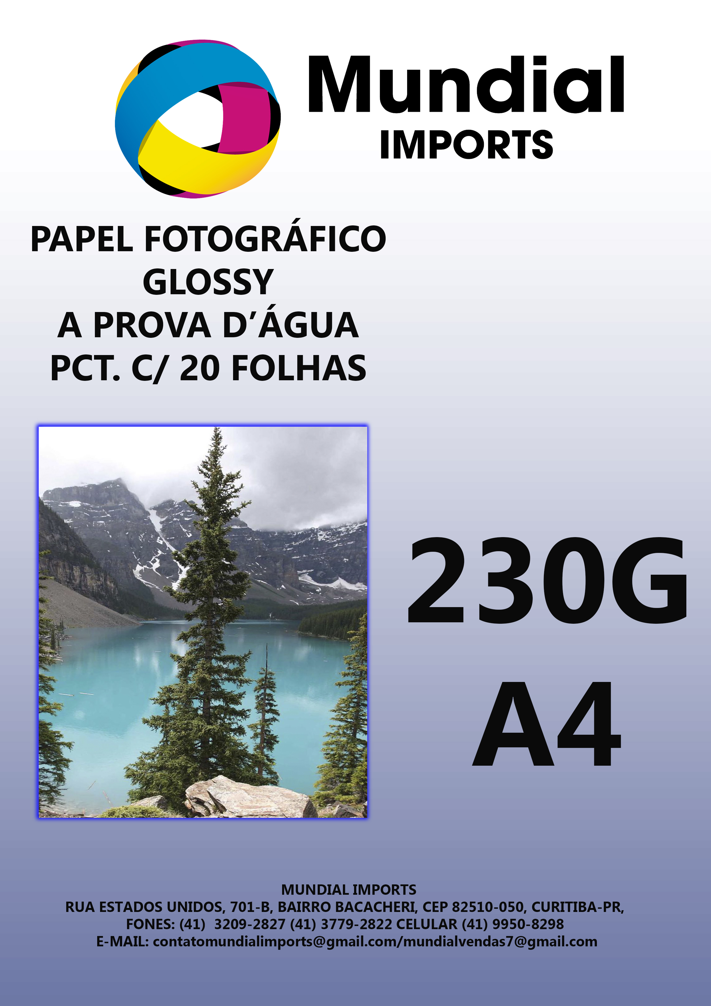 Papel Fotográfico Glossy 230g/A4 - Pacote c/20 folhas