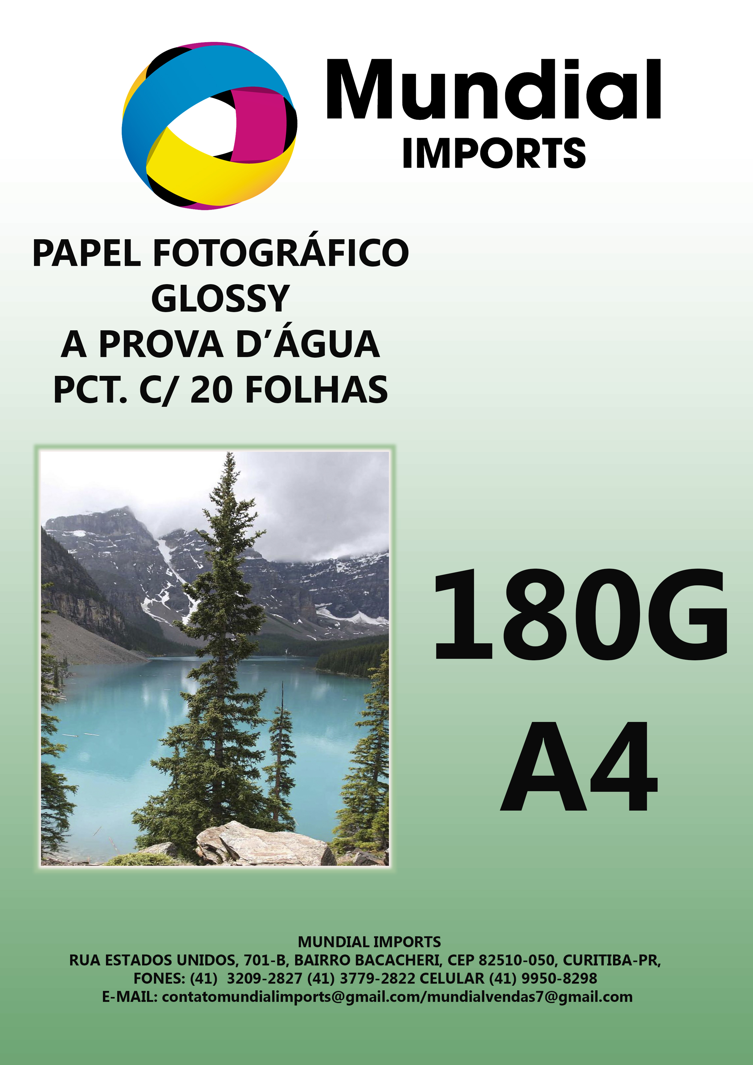 Papel Fotográfico Glossy 180g/A4 - Pacote c/20 folhas