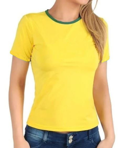  Camiseta BABY LOOK Amarela Canário com Gola Verde Adulto 100% Poliéster - Valor Unitário