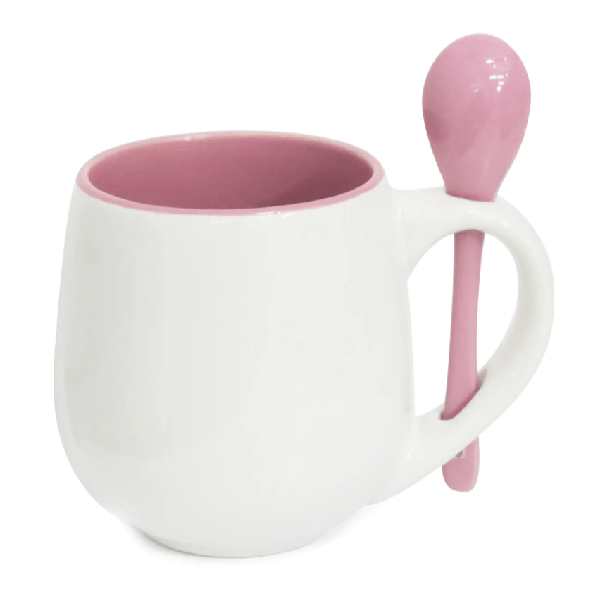 Caneca de Cerâmica Branca Belly com Colher e Interior ROSA - 350ml