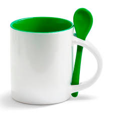 Caneca de Cerâmica Branca RETA com Interior e Colher VERDE CLARO 325 ml - Valor Unitário