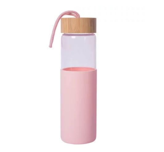 Garrafa Squeeze de Vidro Rose Com Tampa de Bambu E Base de Silicone - 650ml