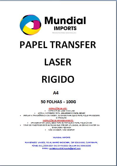 Papel Transfer Laser Para Acrílicos Tamanho A4 Alto Brilho - Pacote com 50 folhas