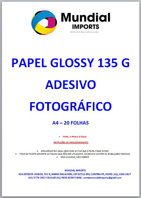 Papel Fotográfico Glossy Adesivo 135g/A4 - Pacote c/20 folhas
