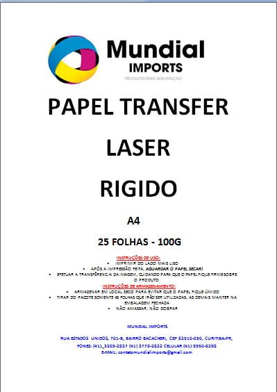 Papel Transfer Laser Para Acrílicos Tamanho A4 Alto Brilho - Pacote com 25 folhas