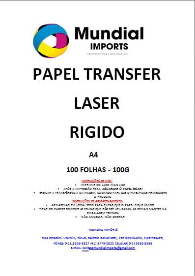 Papel Transfer Laser Para Acrílicos Tamanho A4 Alto Brilho - Pacote com 100 folhas