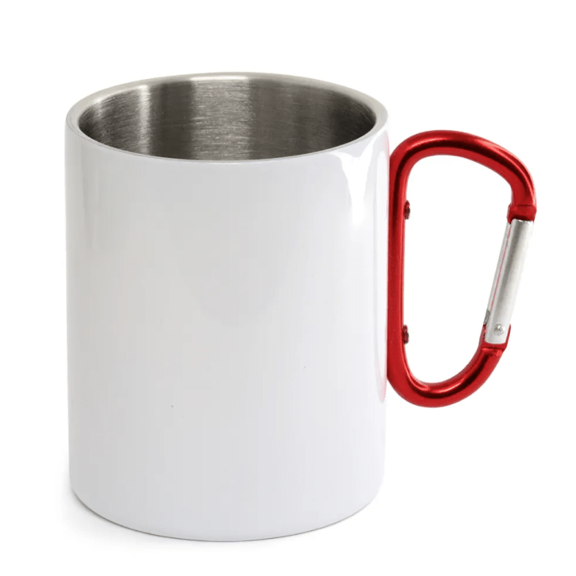 CANECA DE INOX BRANCA COM ALÇA MOSQUETÃO VERMELHO - 450ml- VALOR UNITÁRIO