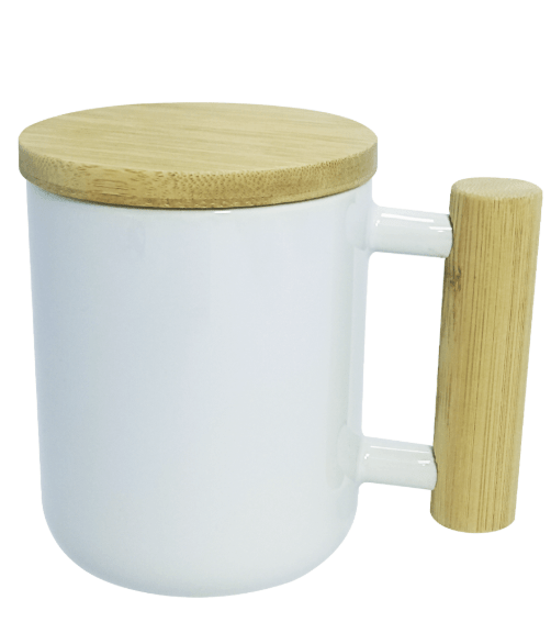 Caneca de Cerâmica Branca WOOD com Tampa de Bambu - 325ml
