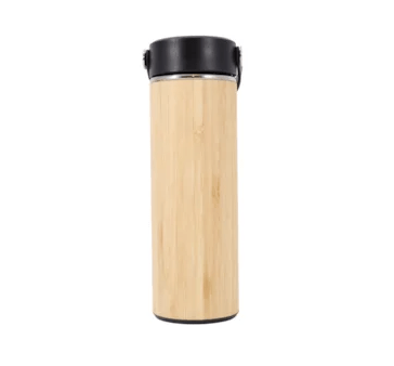 Garrafa Inox Termica Bambu Com Alça Preta Sem  Resina 450 ML 