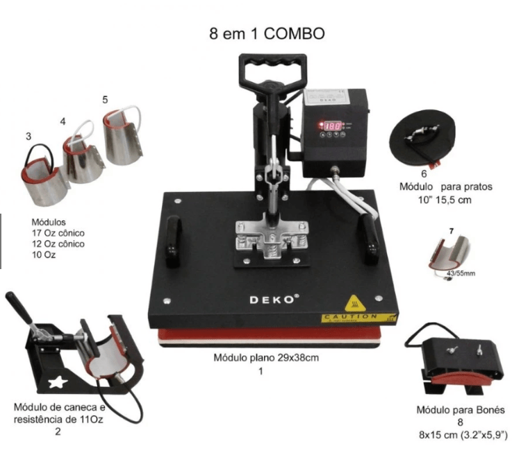 Prensa Termica 8X1- Plana 38x38 Bone Prato Caneca 110V - Deko