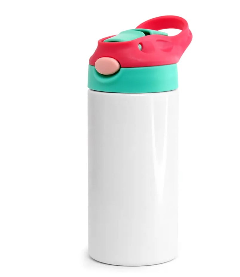 Squeeze Térmica de Inox Branco Infantil para Sublimação com Bico Automático Tampa Verde e Vermelho - 350ml