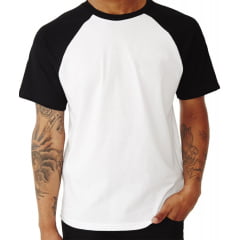 Camiseta Raglan Branca com manga Preta  de Poliéster para Sublimação