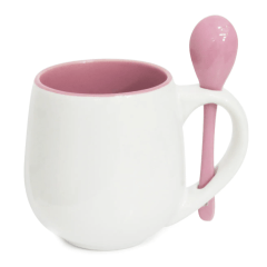 Caneca de Cerâmica Branca Belly com Colher e Interior ROSA - 350ml