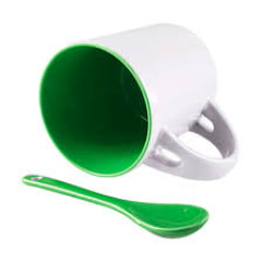 Caneca de Cerâmica Branca RETA com Interior e Colher VERDE CLARO 325 ml - Valor Unitário