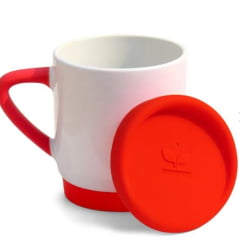 Caneca de Cerâmica Branca Alça Triangular Soft com Base e Tampa de Silicone VERMELHA 400ml