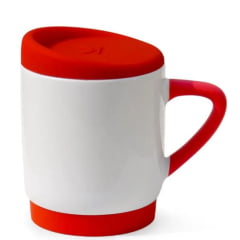 Caneca de Cerâmica Branca Alça Triangular Soft com Base e Tampa de Silicone VERMELHA 400ml