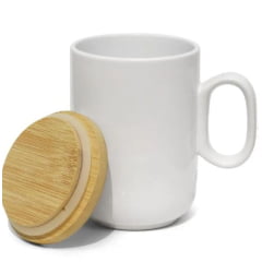 Caneca de Cerâmica Branca Corpo SLIM com Tampa de Bambu 350ml