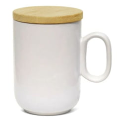 Caneca de Cerâmica Branca Corpo SLIM com Tampa de Bambu 350ml