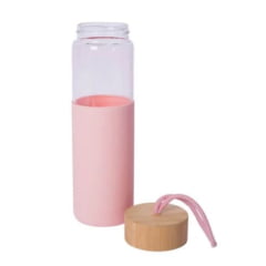 Garrafa Squeeze de Vidro Rose Com Tampa de Bambu E Base de Silicone - 650ml