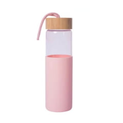 Garrafa Squeeze de Vidro Rose Com Tampa de Bambu E Base de Silicone - 650ml