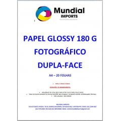 Papel Fotográfico Glossy 180g/A4 Dupla-Face - Pacote c/20 folhas