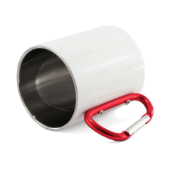 CANECA DE INOX BRANCA COM ALÇA MOSQUETÃO VERMELHO - 450ml- VALOR UNITÁRIO