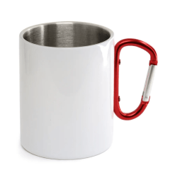 CANECA DE INOX BRANCA COM ALÇA MOSQUETÃO VERMELHO - 450ml- VALOR UNITÁRIO