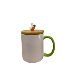 Caneca interna e alça colorida 325ml com tampa de bambu coelho JKB